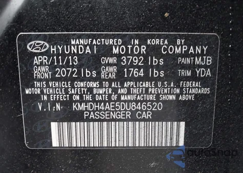 2013 Hyundai Elantra Gls from USA, damaged, VIN KMHDH4AE5DU846520